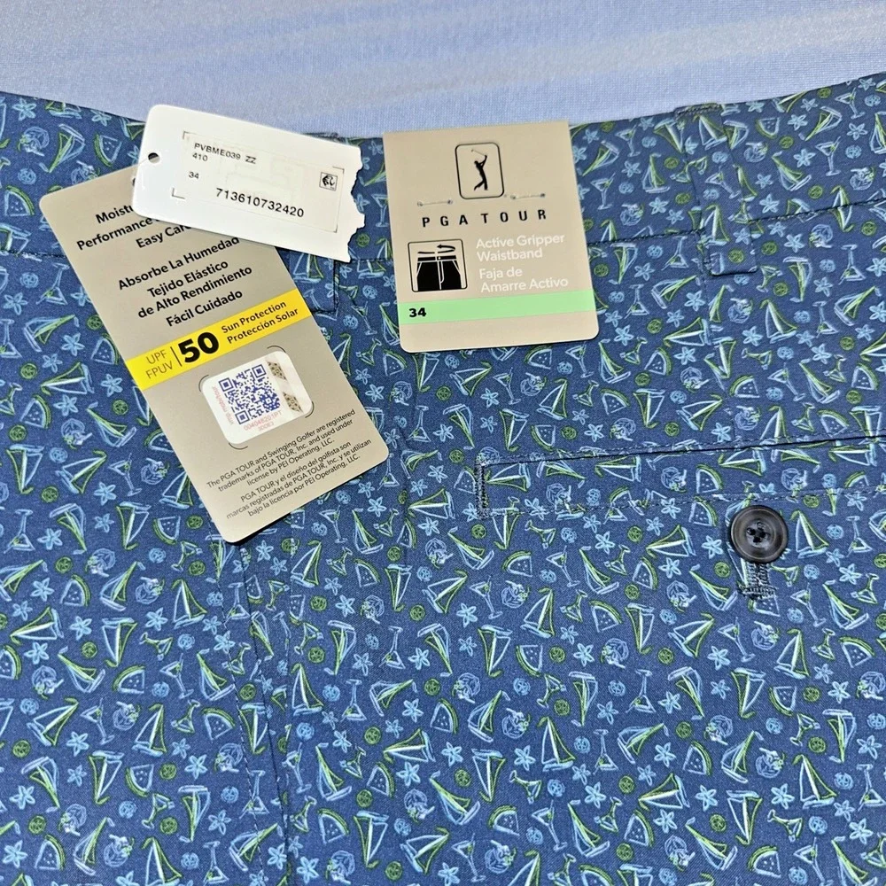 PGA Tour Men Sze 34 Golf Shorts Wicking Stretch Sailboat & Cocktails UPF 50 Navy